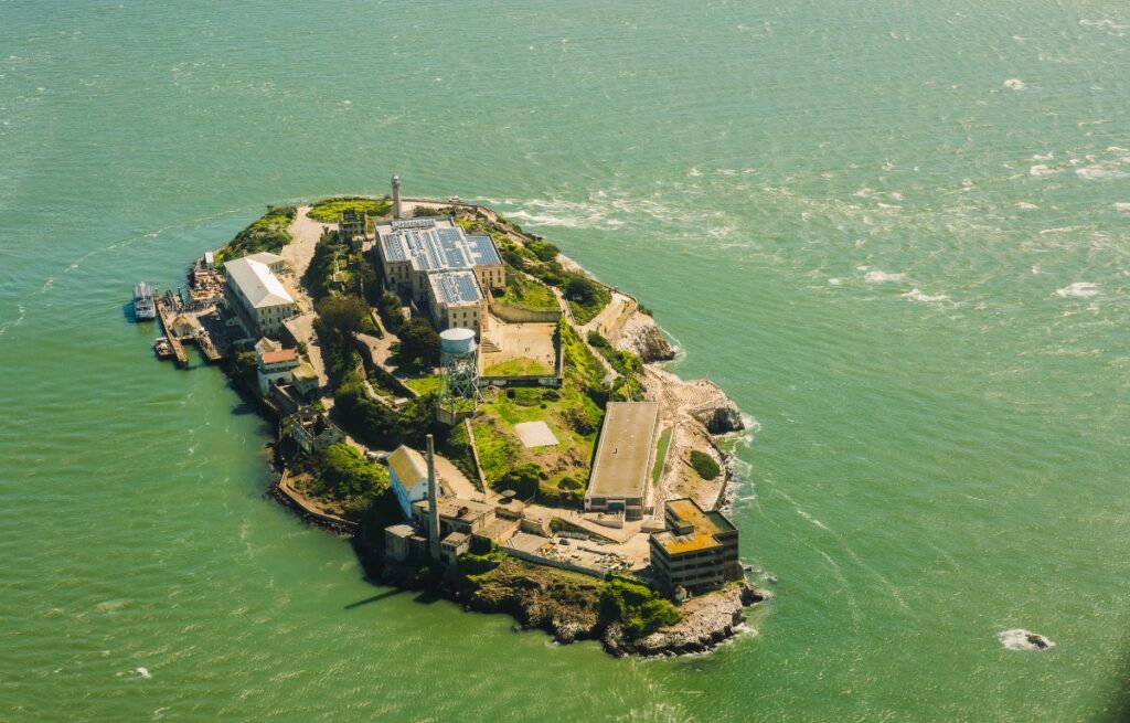a view of alcatraz island from a seaplane window